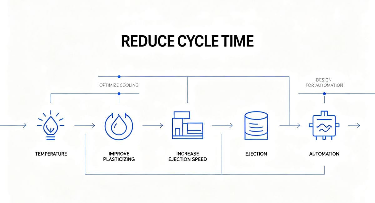 Infographic showing strategies to reduce injection molding cycle time and increase efficiency.
