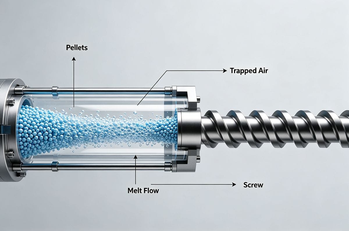 Diagram of gas trapping during plastication in injection molding.