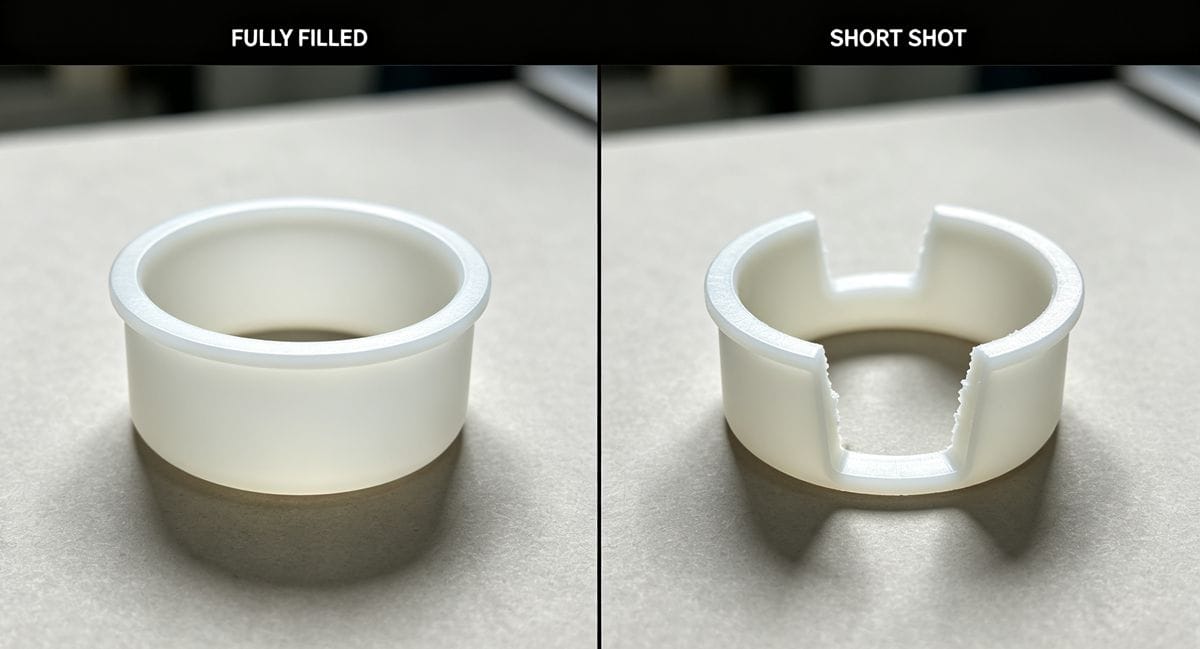 Comparison of a fully filled injection molded part versus a short shot defect.