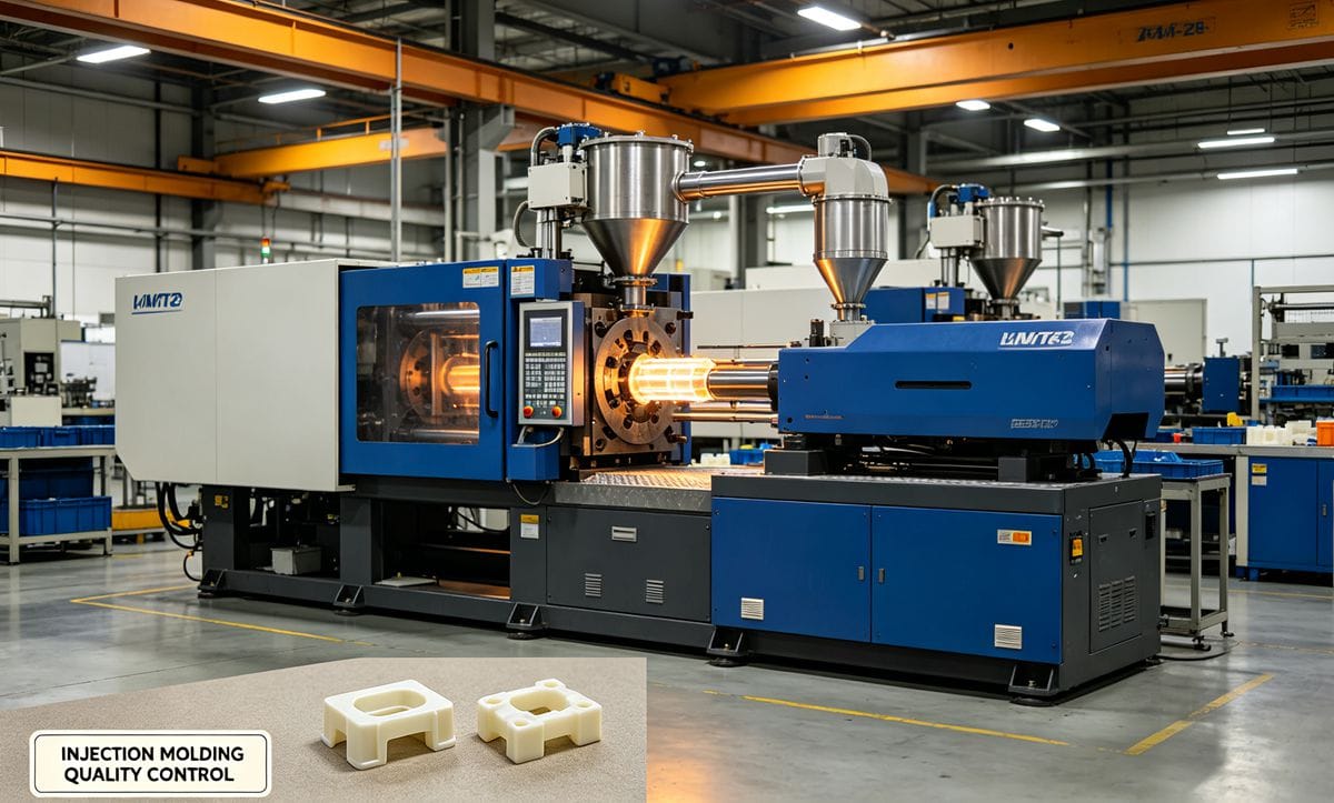 Injection molding machine producing plastic parts on the factory floor.