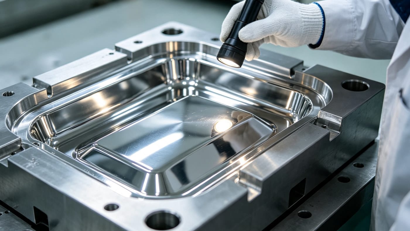 Polished chrome-plated injection mold cavity for high gloss finish Polished chrome-plated injection mold cavity for high gloss finish