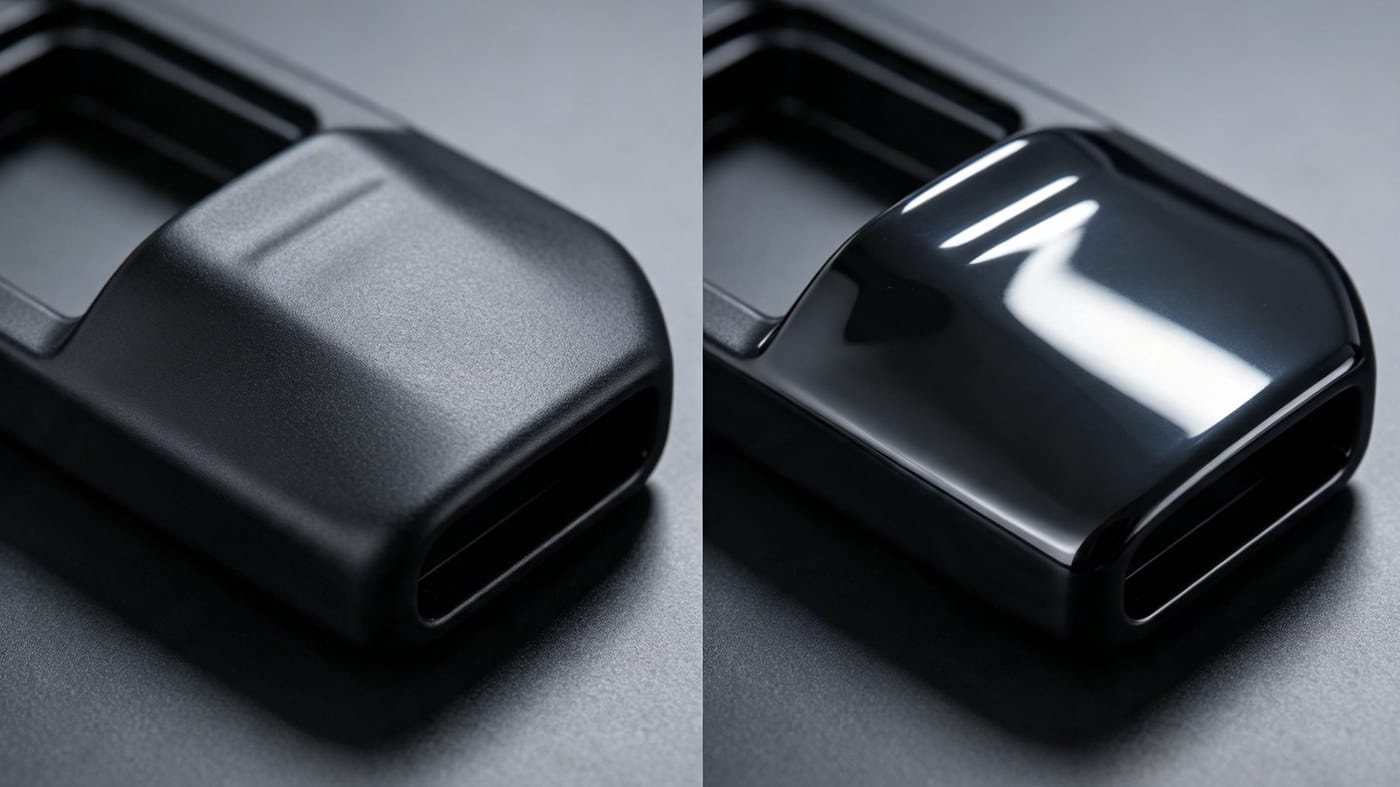 Injection molding surface gloss comparison showing defective vs perfect finish Injection molding surface gloss comparison showing defective vs perfect finish