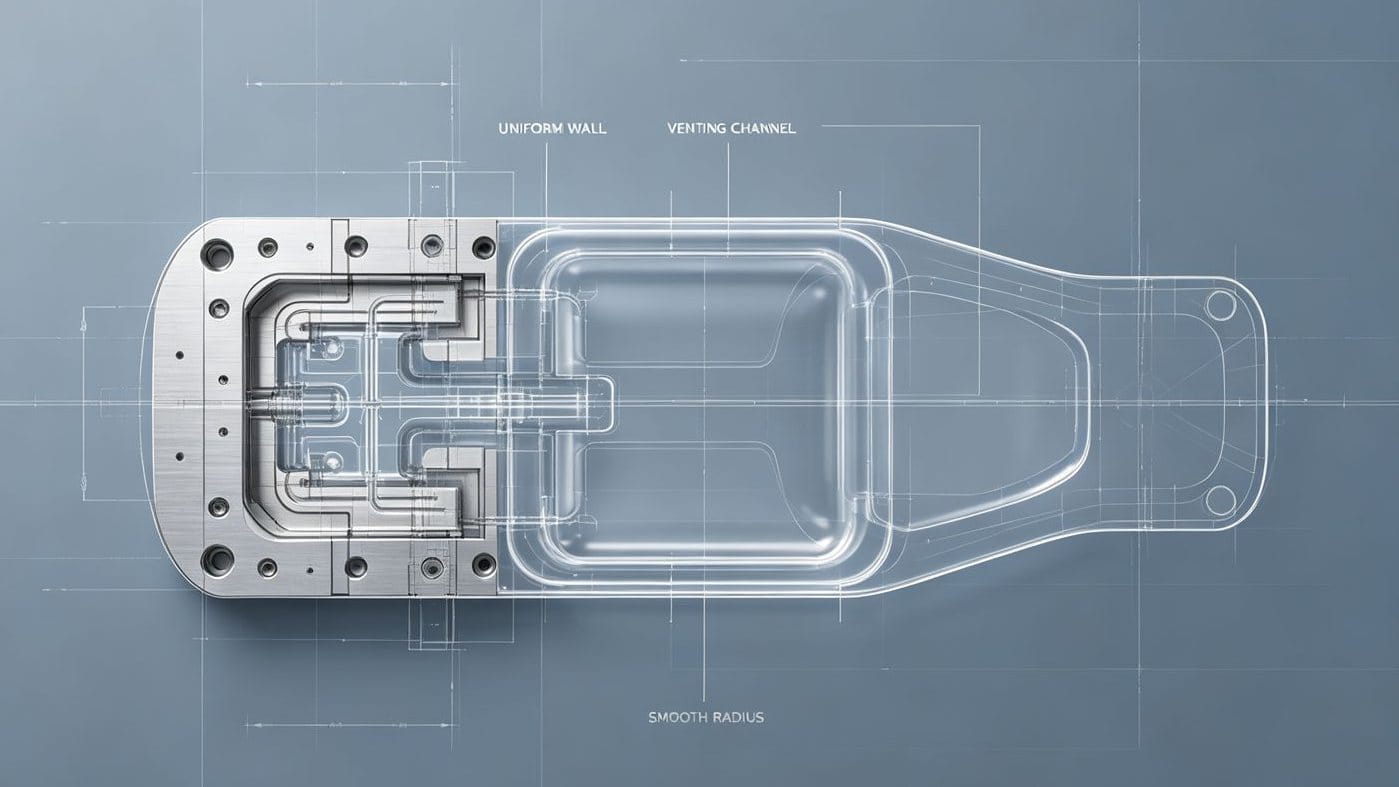 Mold design cross-section highlighting uniform wall thickness and proper venting for clear plastics.