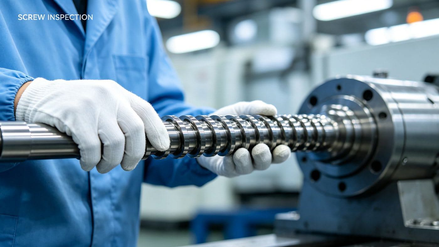Clean injection molding screw prepared for transparent plastic processing.