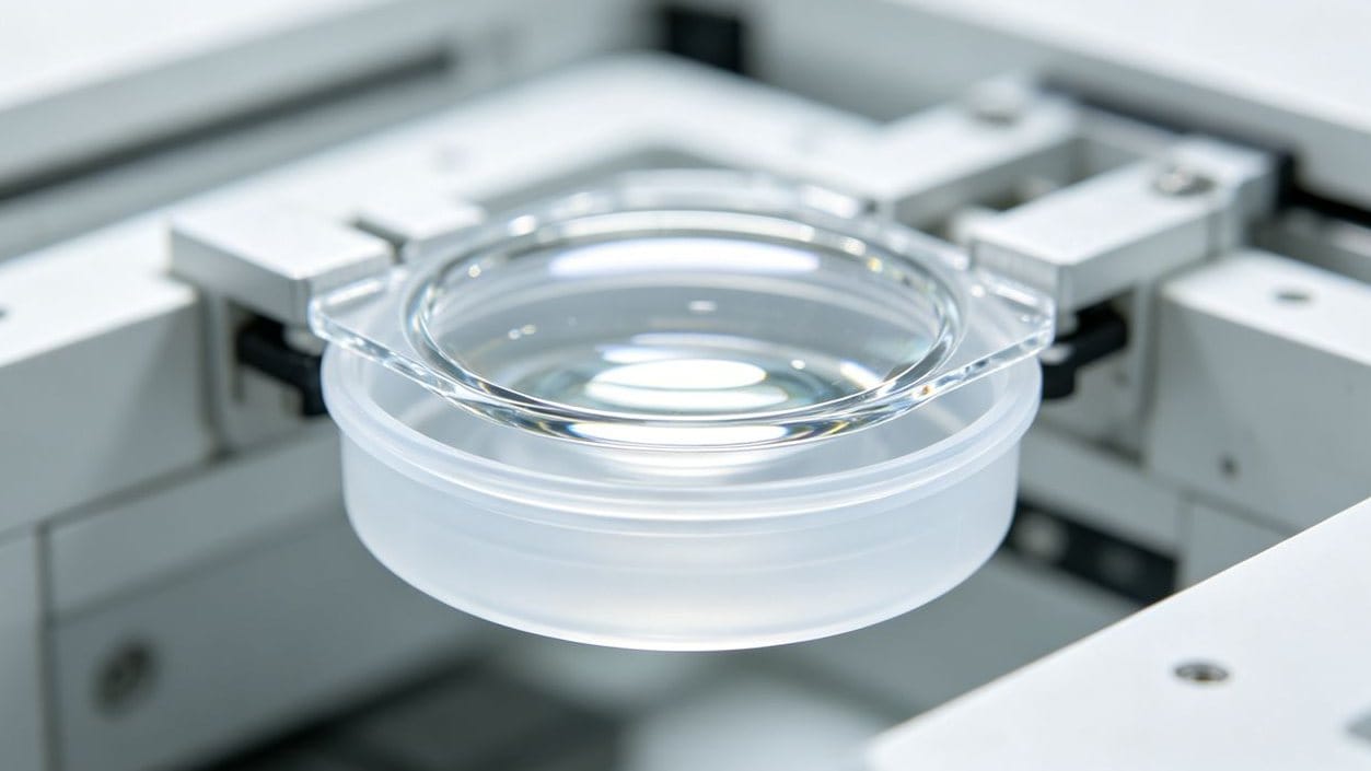 Flawless transparent plastic injection molded part demonstrating high optical clarity.