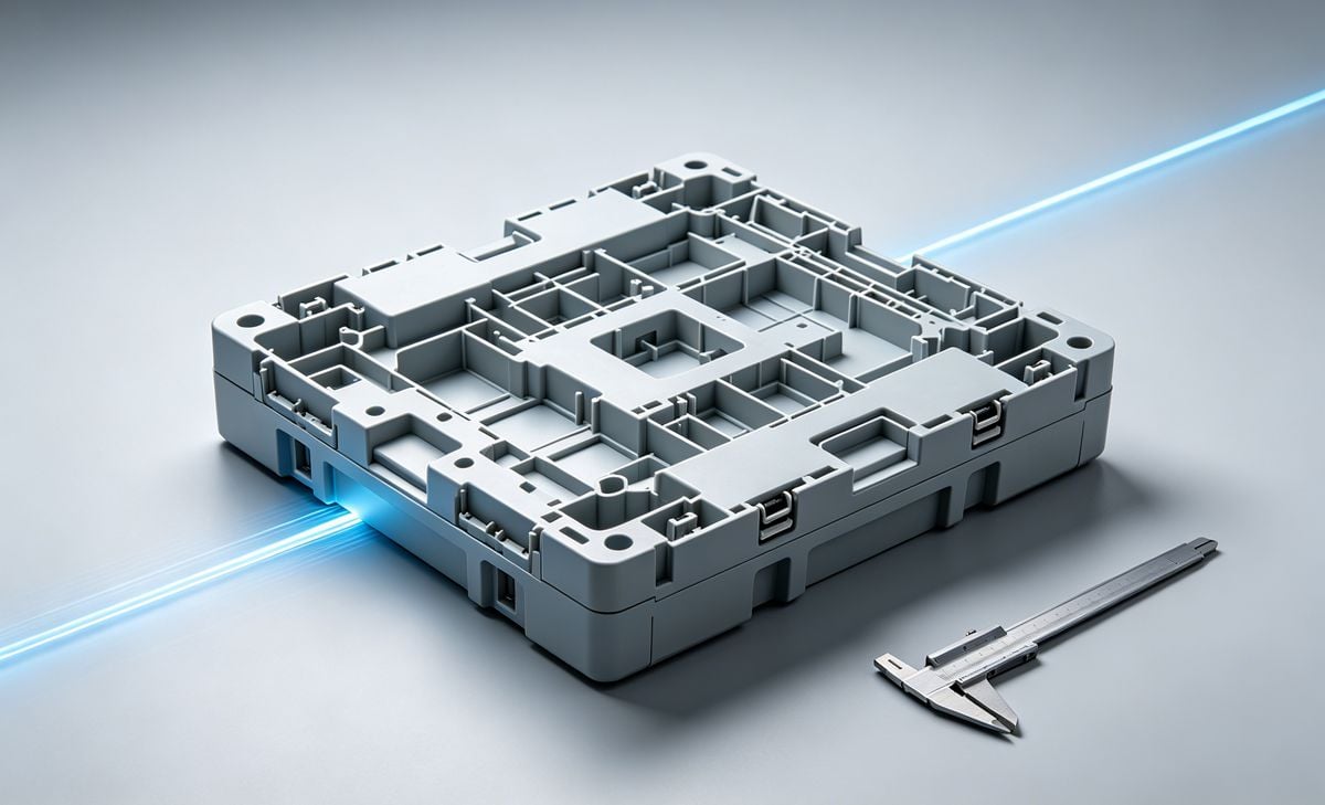 Large plastic housing manufactured using PC-PBT alloy for high-temperature resistance.