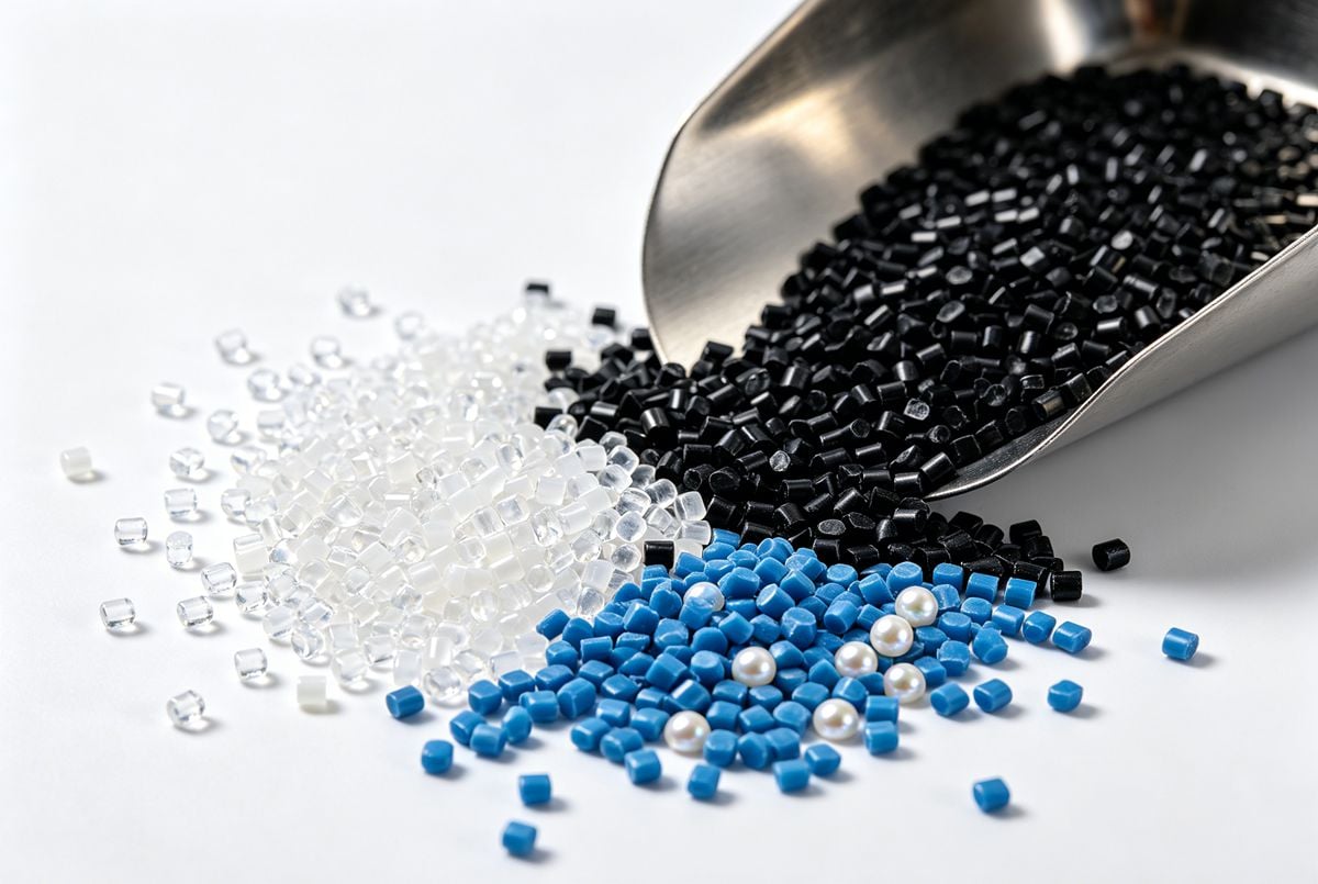 Colorful plastic alloy pellets including PC-ABS and TPU.