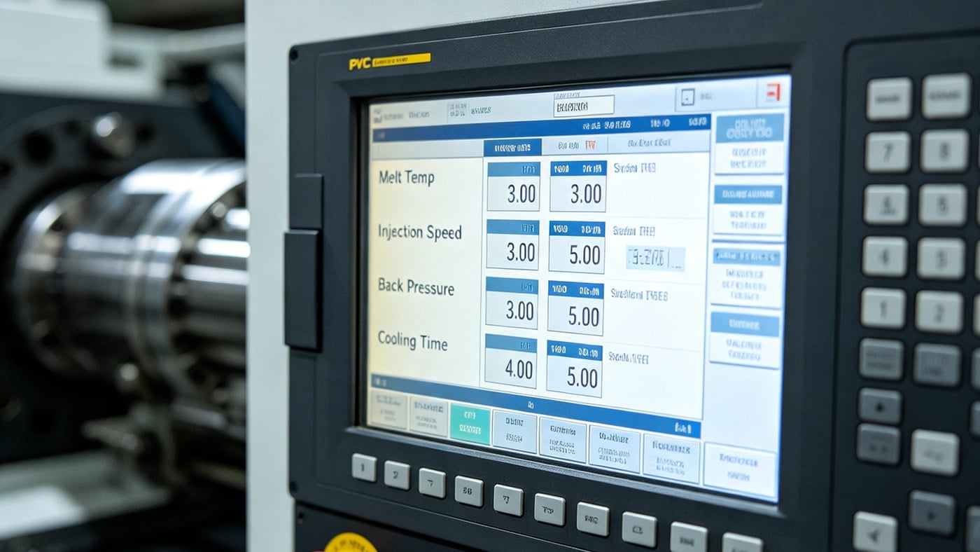Control panel of an injection molding machine with PVC settings displayed