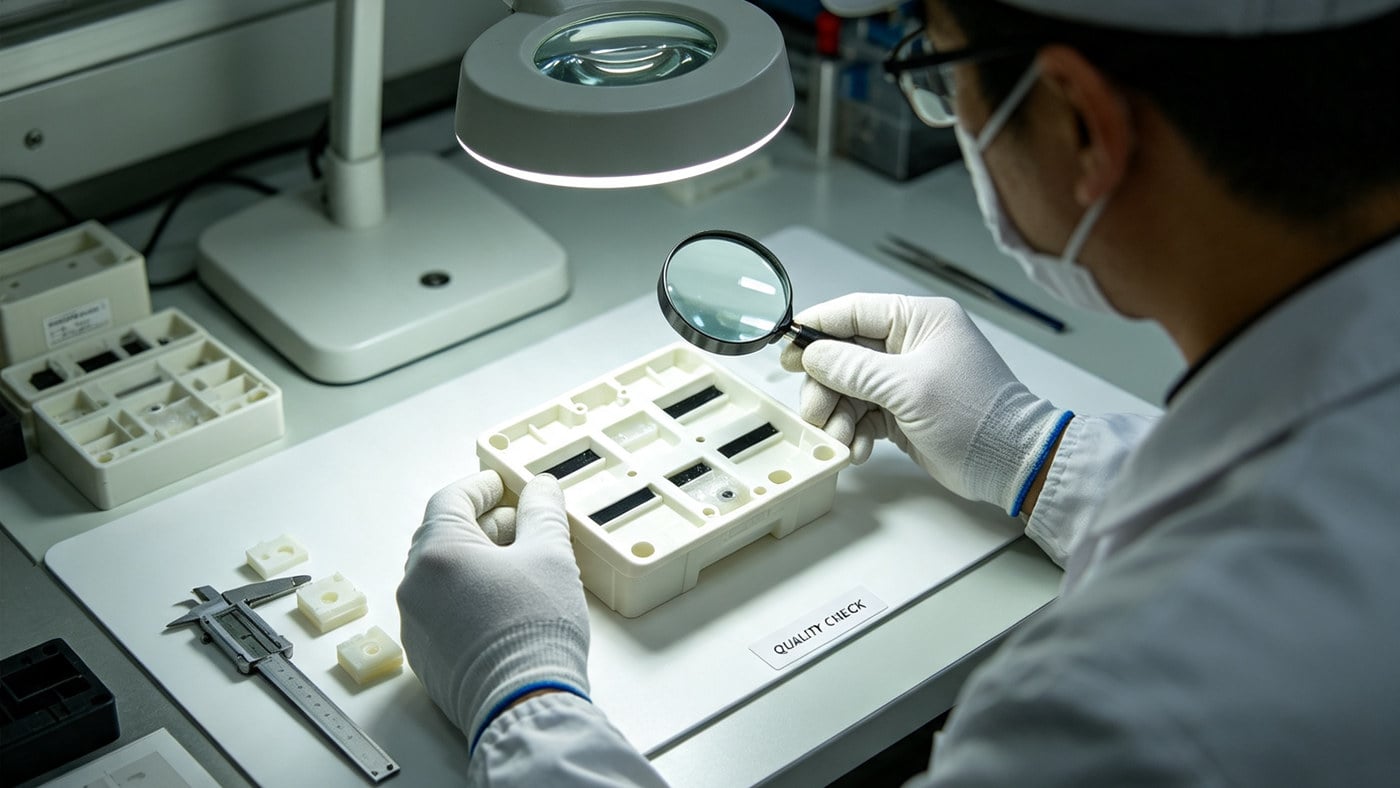 An engineer inspecting a PVC part for defects