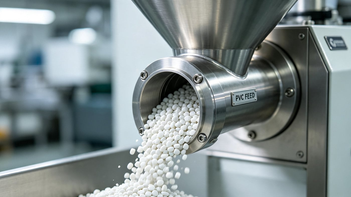 A close-up of PVC pellets being fed into an injection molding machine