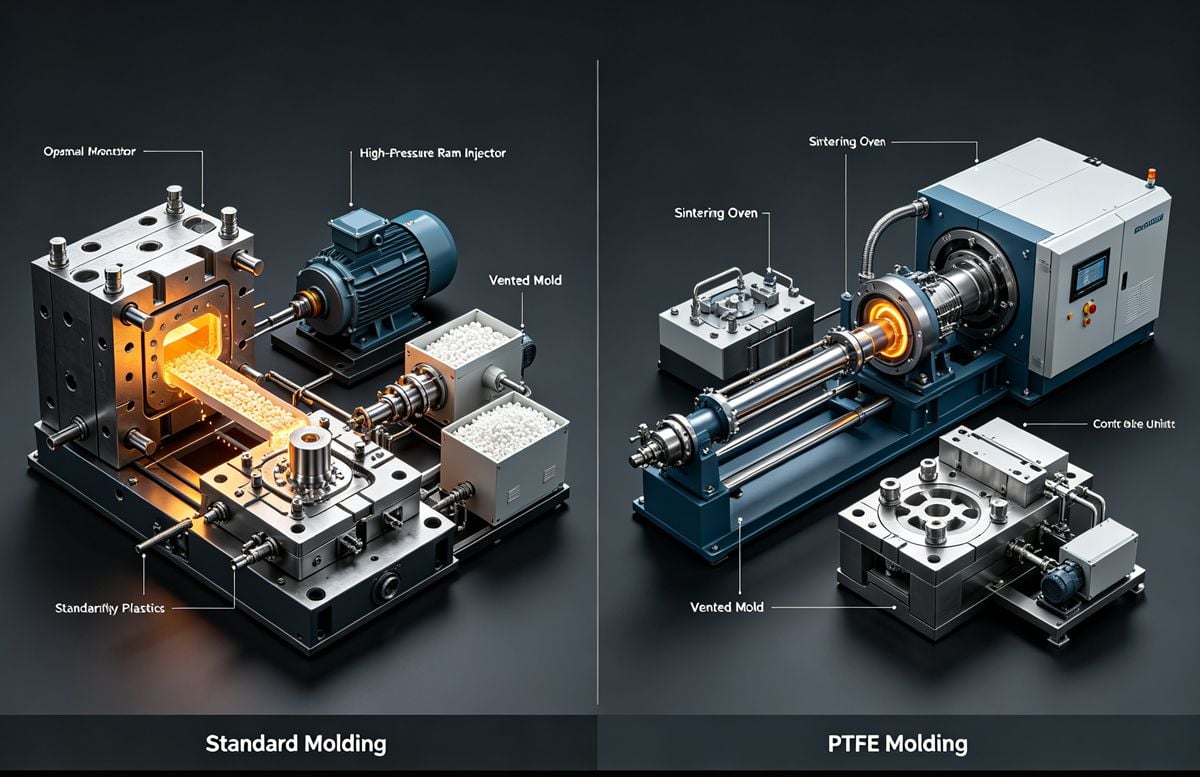 PTFE injection molding process flowchart comparing standard molding and sintering requirements PTFE injection molding process flowchart comparing standard molding and sintering requirements
