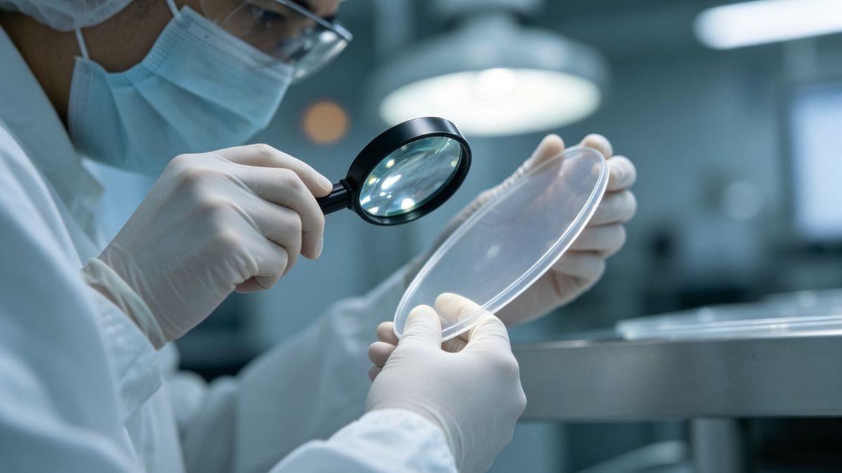 A thin-wall plastic container being inspected for quality