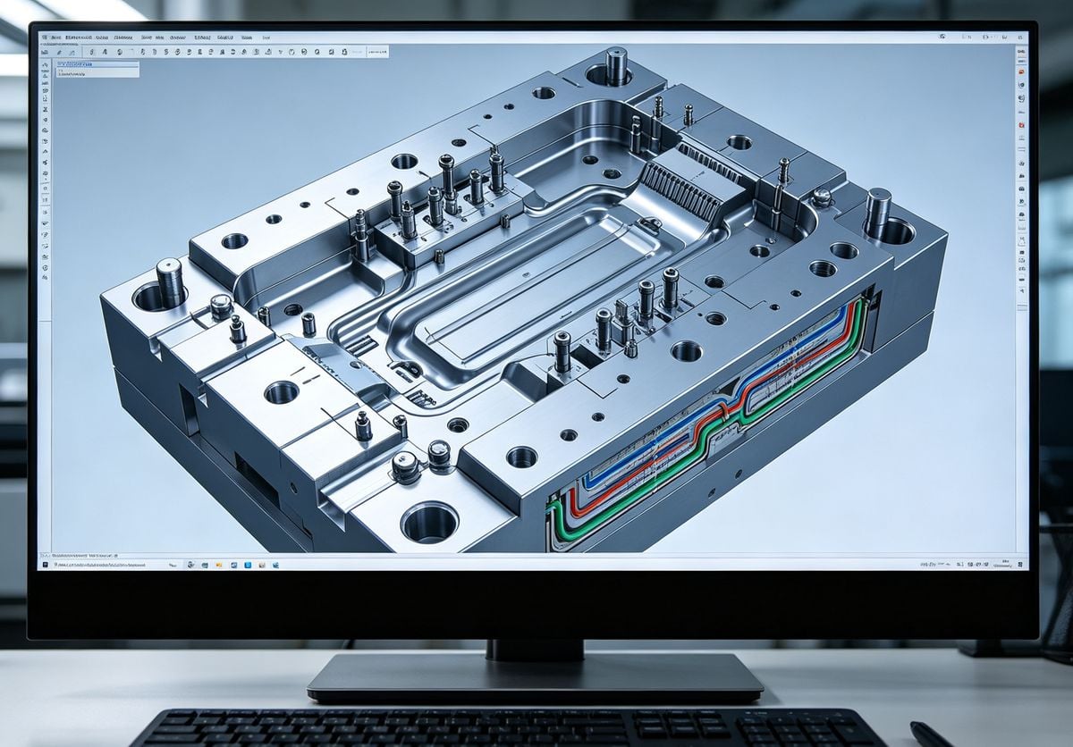 A CAD design of a complex injection mold with cooling channels