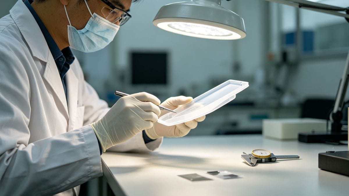 An engineer inspecting a molded part for defects like warpage