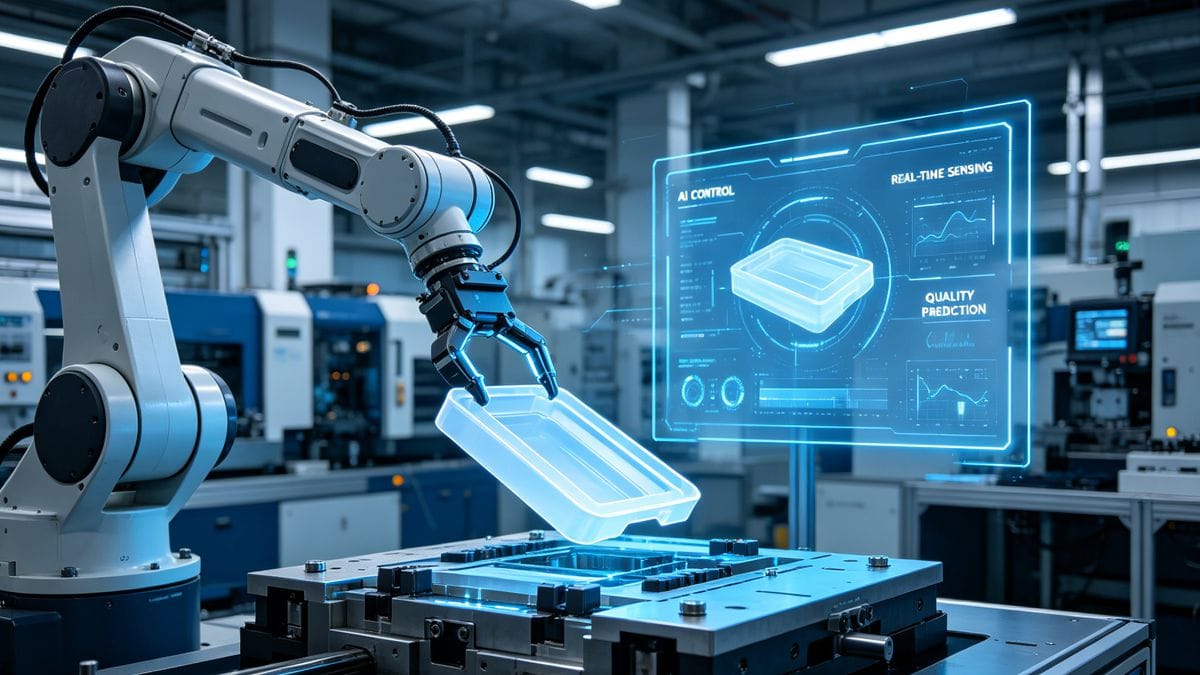 A futuristic graphic showing AI and data in a smart factory