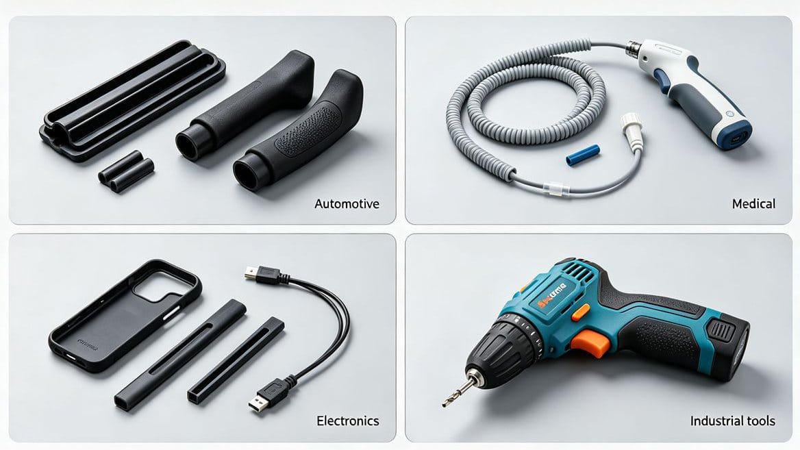 TPE Industry Applications Collage of TPE applications: automotive seal, medical grip, consumer electronics case