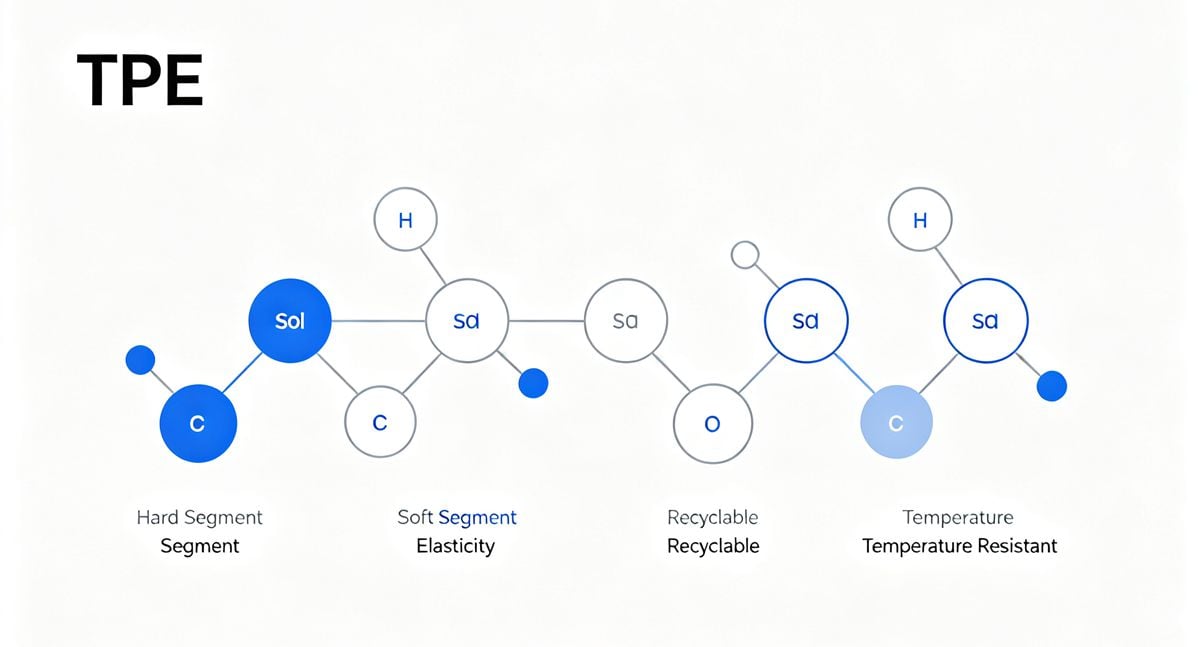 TPE molecular structure infographic showing hard and soft segments with elasticity, recyclability and temperature resistance features