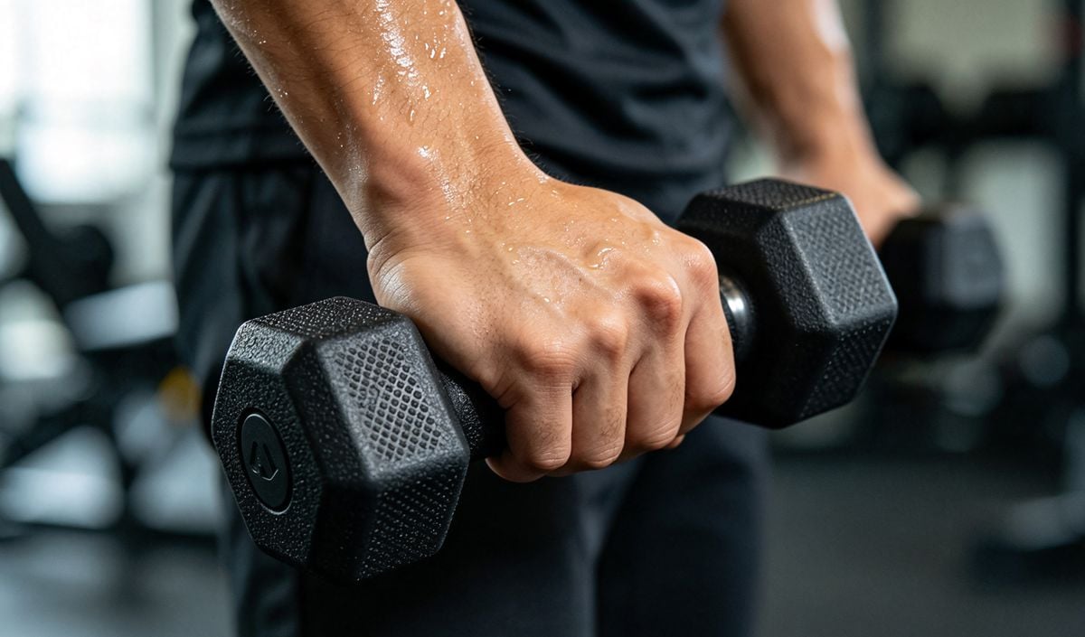 Anti-slip textured TPE dumbbell handle close-up, sweat-resistant TPE material for sports equipment injection molding