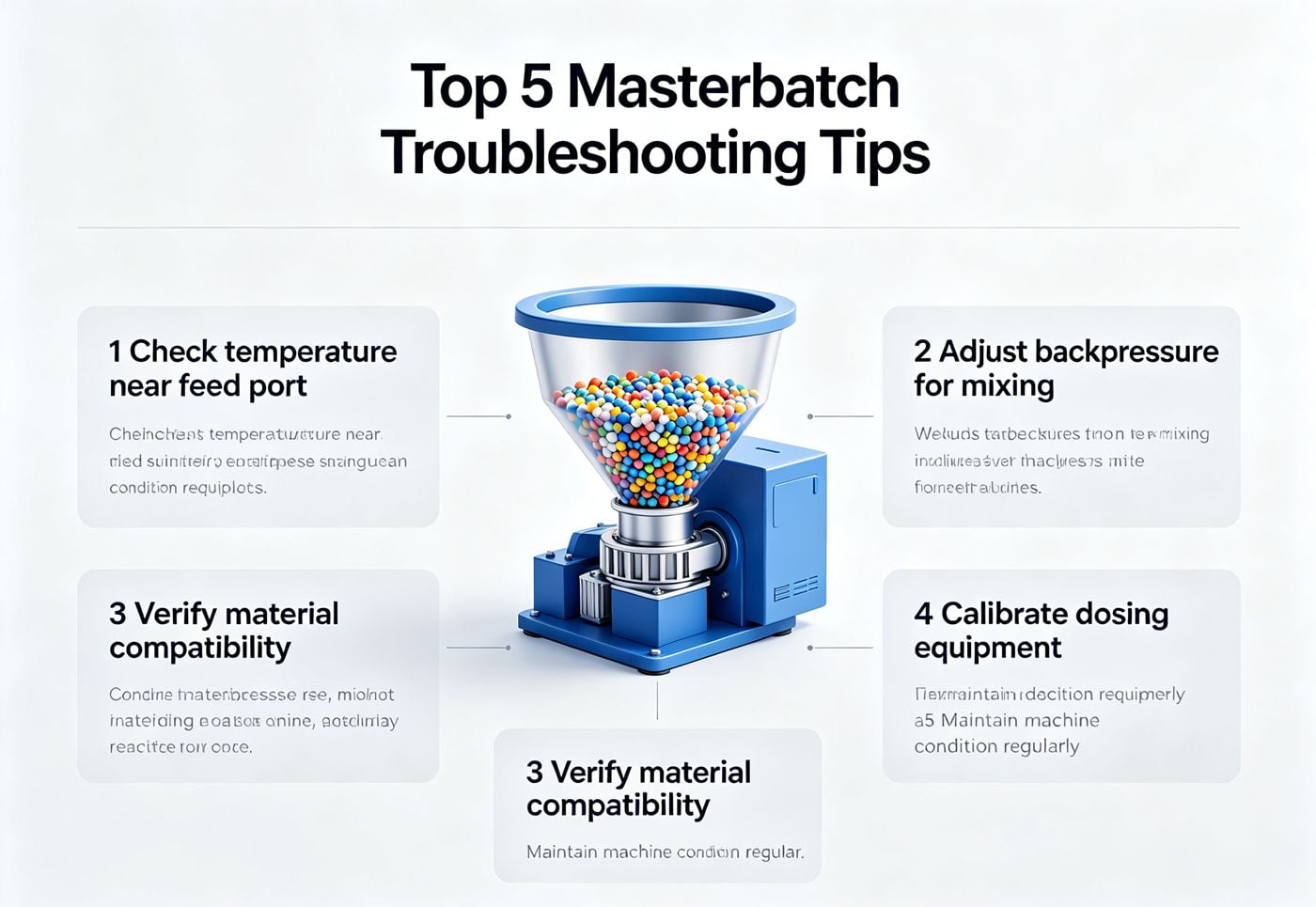Infographic showing top troubleshooting tips for color masterbatch in injection molding.