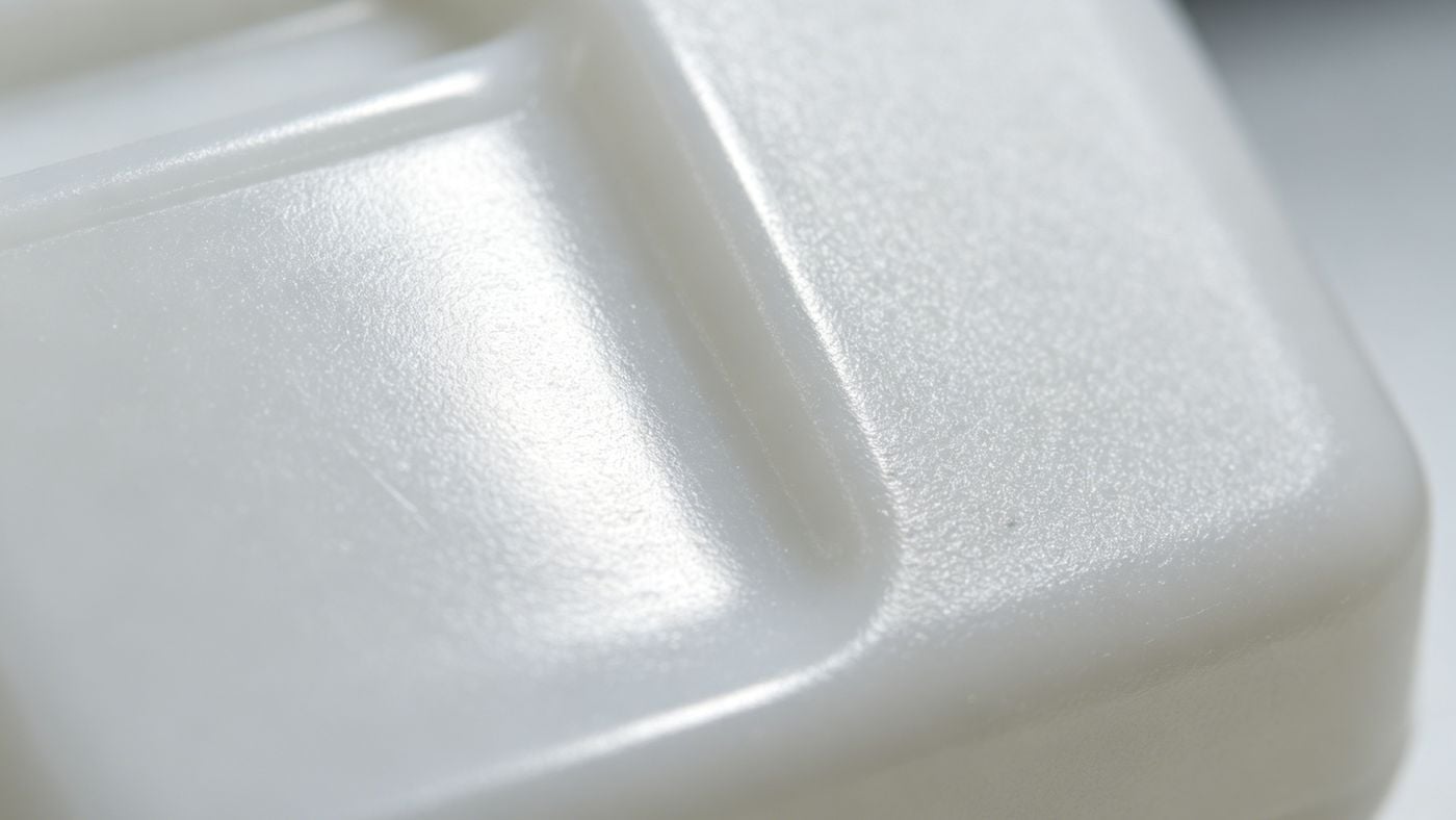 Close-up of plastic injection molded part showing poor surface gloss and texture defects.