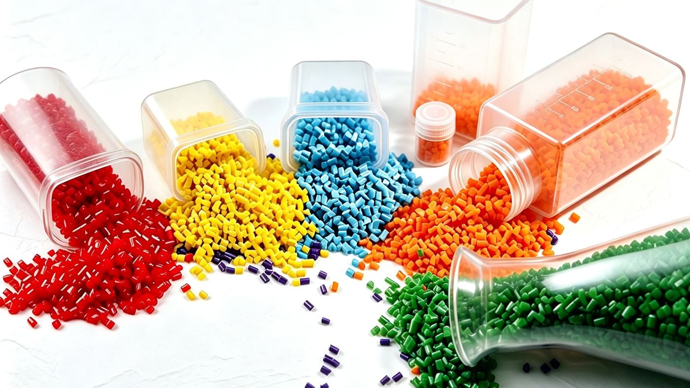 Color masterbatch pellets being fed into an injection molding machine hopper.