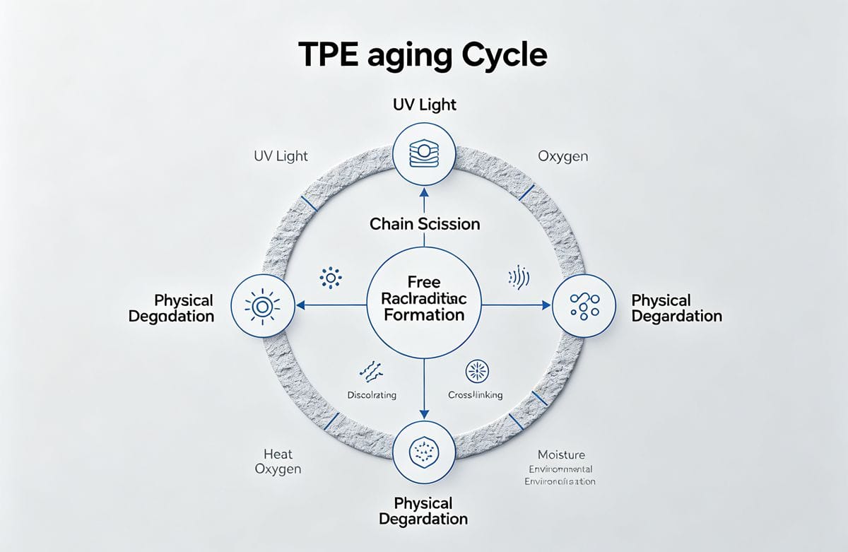 Infographic explaining the chemical aging process and free radical formation in TPE materials.