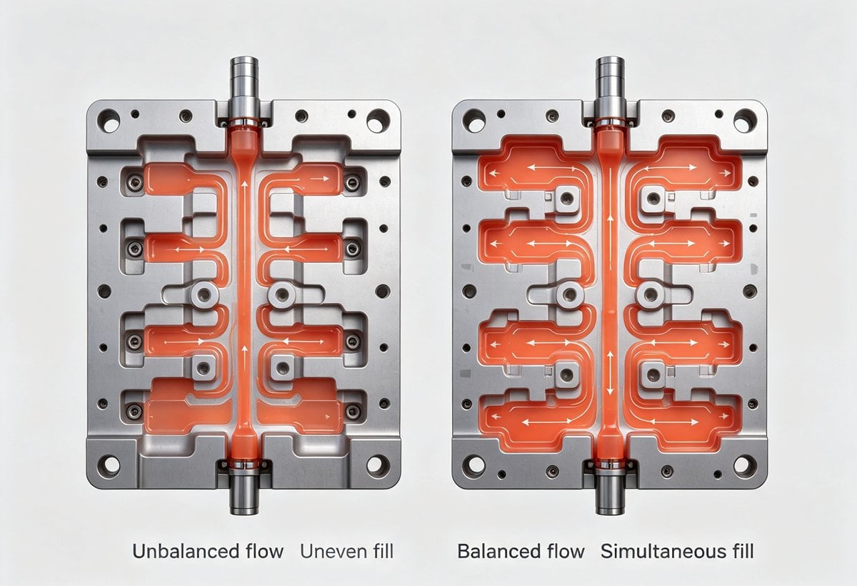 Balanced vs unbalanced runner system comparison injection molding