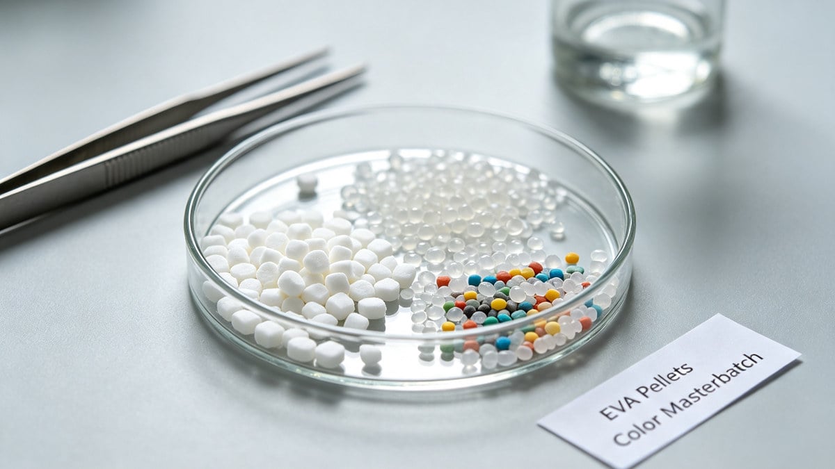 Raw EVA foam pellets and color masterbatch before the foaming process.