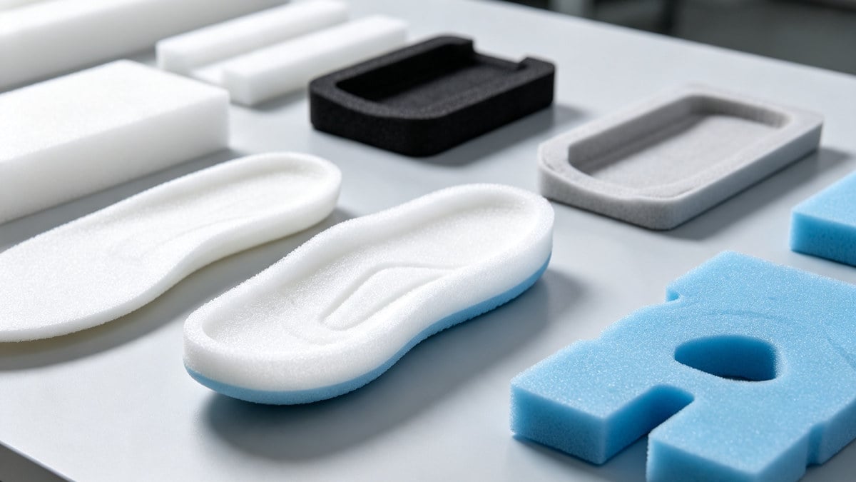 Assorted EVA foam products including shoe midsoles and packaging materials.