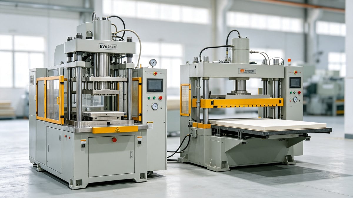Comparison of EVA injection molding machine and traditional flatbed foaming press.