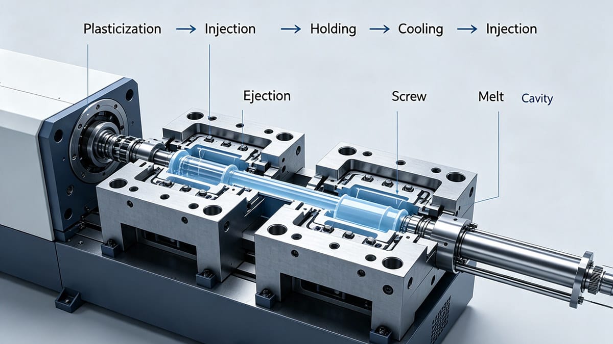 Diagram of the injection molding cycle showing filling, packing, cooling and ejection phases