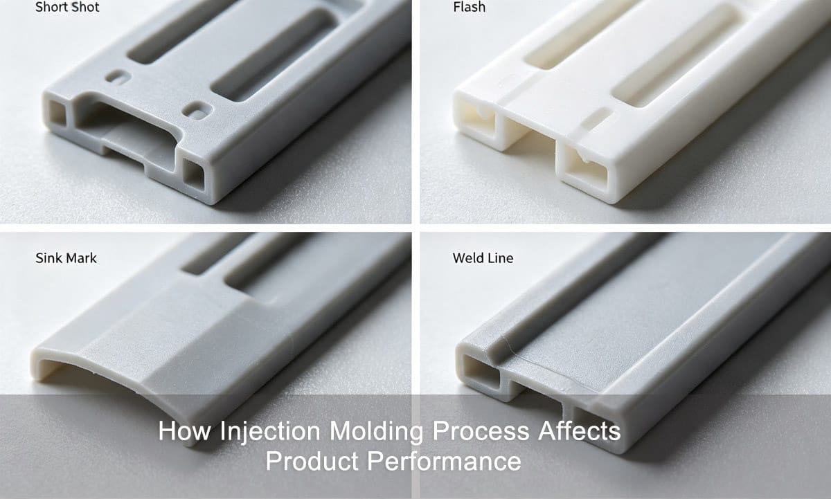 Examples of injection molding defects: short shot, sink marks, flash and weld lines