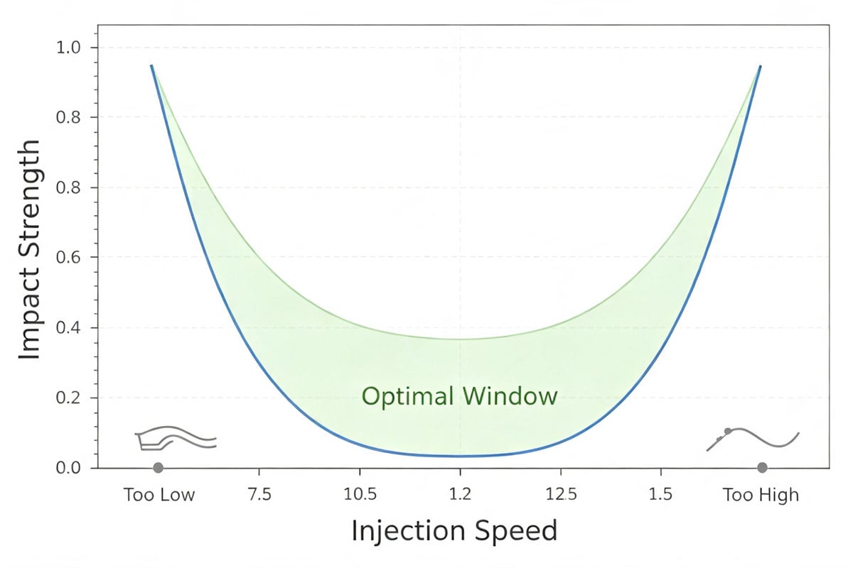 U-curve graph of injection speed vs. plastic part impact strength U-curve graph of injection speed vs. plastic part impact strength