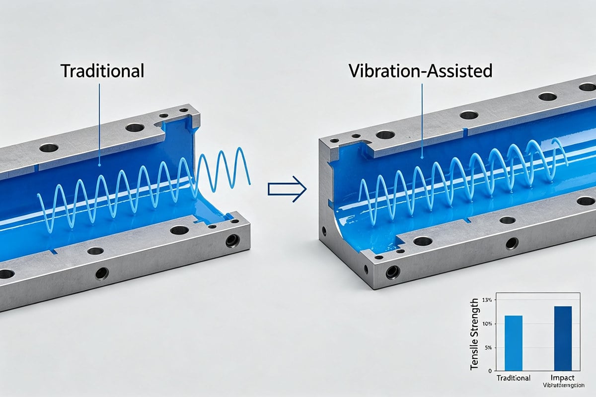 Schematic of vibration-assisted injection molding principle Schematic of vibration-assisted injection molding principle