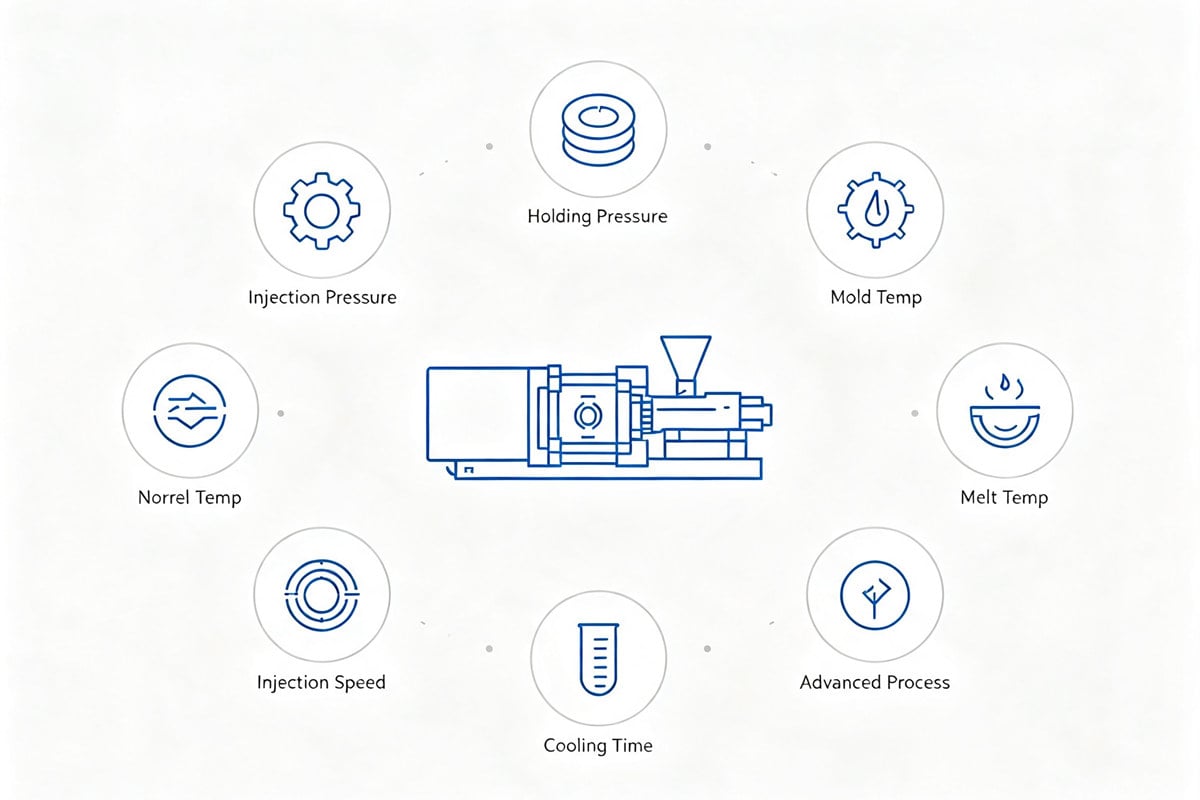 Vertical infographic summarizing 10 core injection molding process parameters Vertical infographic summarizing 10 core injection molding process parameters