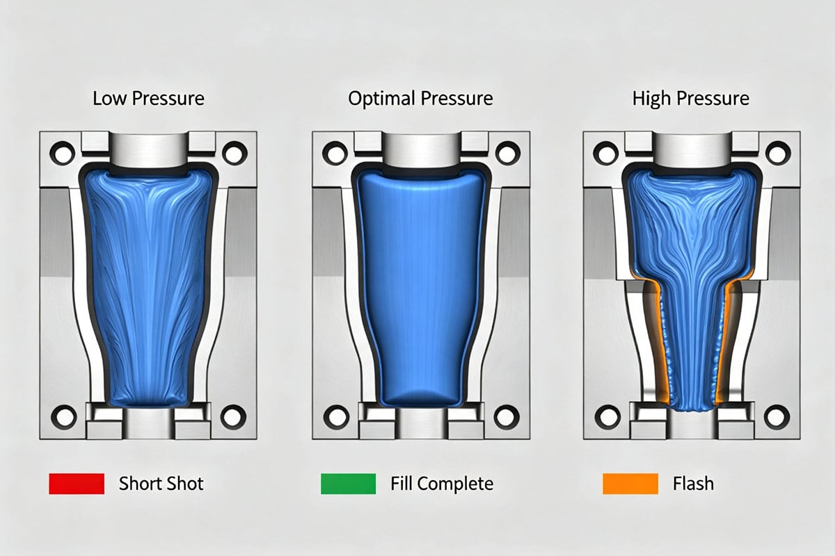 Comparative diagram of injection pressure & mold filling performance Comparative diagram of injection pressure & mold filling performance