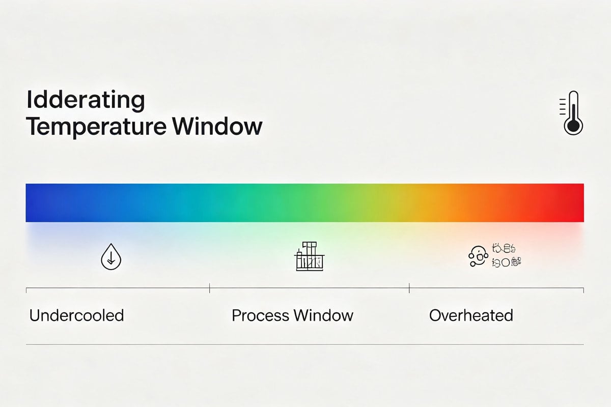 Thermoplastic processing temperature window schematic Thermoplastic processing temperature window schematic