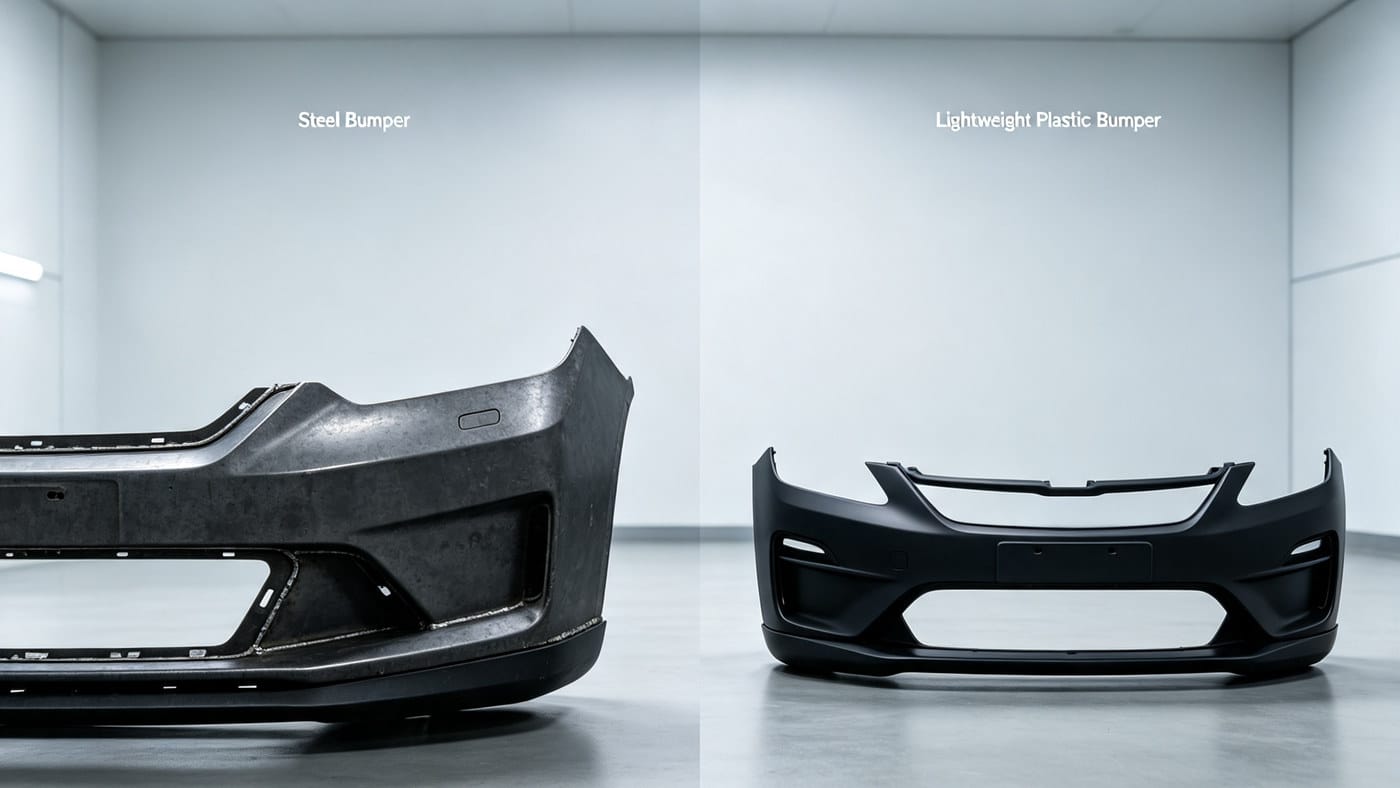 Lightweight plastic automotive bumper vs traditional steel bumper.