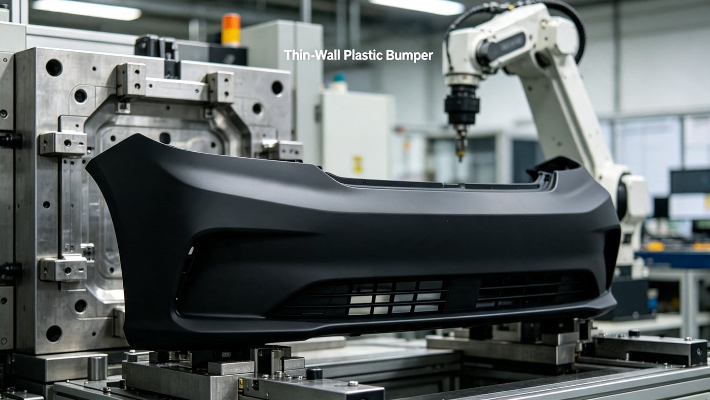 Finished thin-wall plastic bumper manufactured with optimized injection molding.