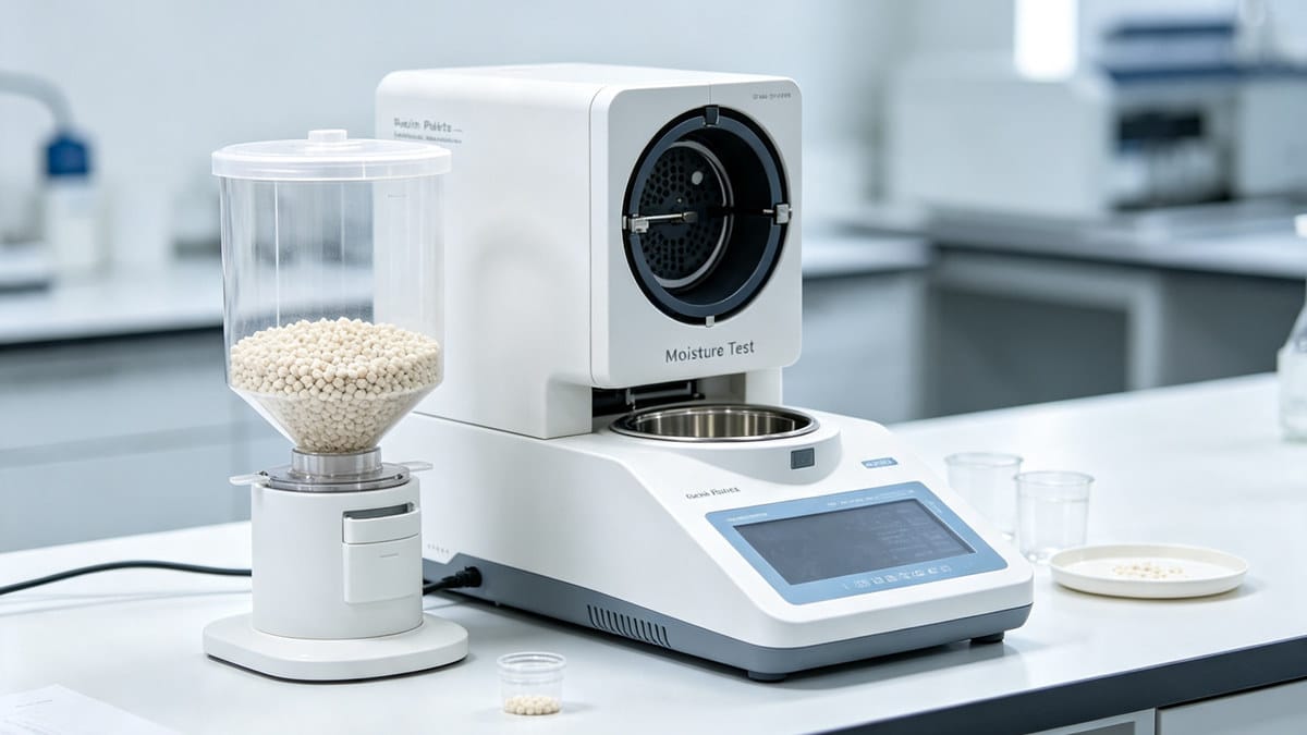 Plastic resin pellets and moisture testing equipment for injection molding preparation.