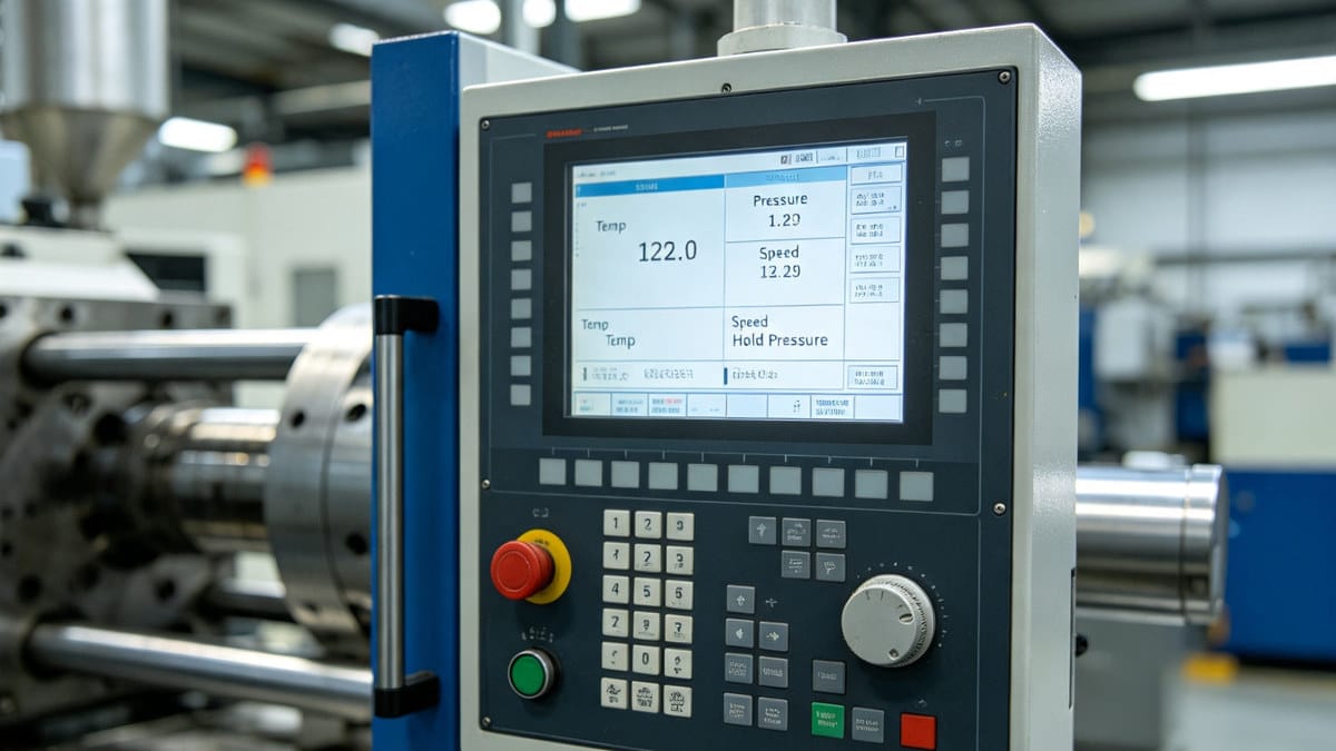 Injection molding machine parameters control panel for optimizing surface finish.