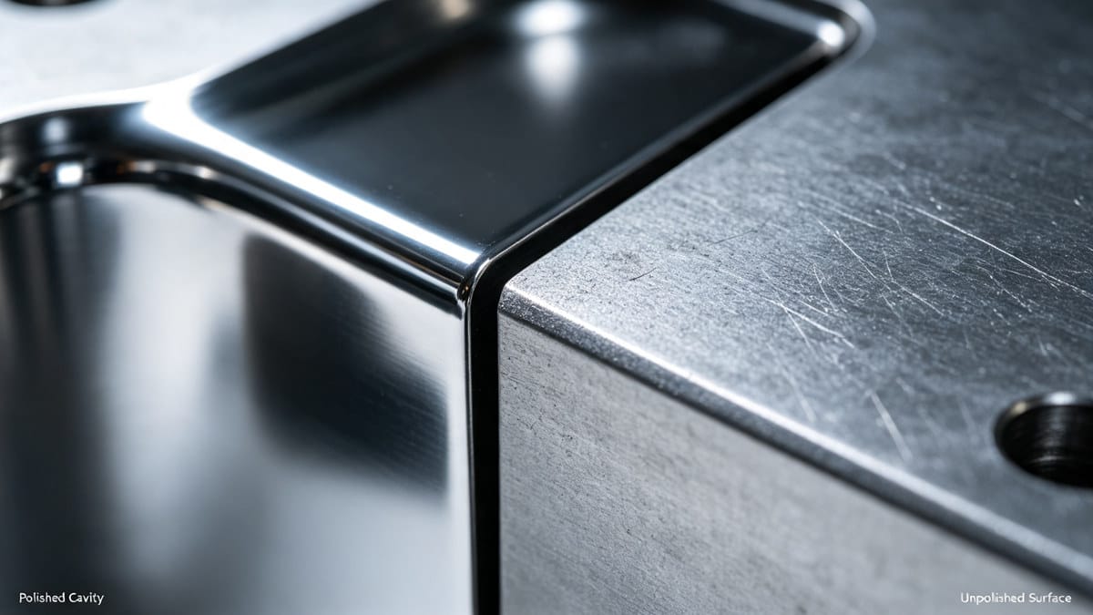 Macro photography of injection mold cavity surface finish and polishing quality.