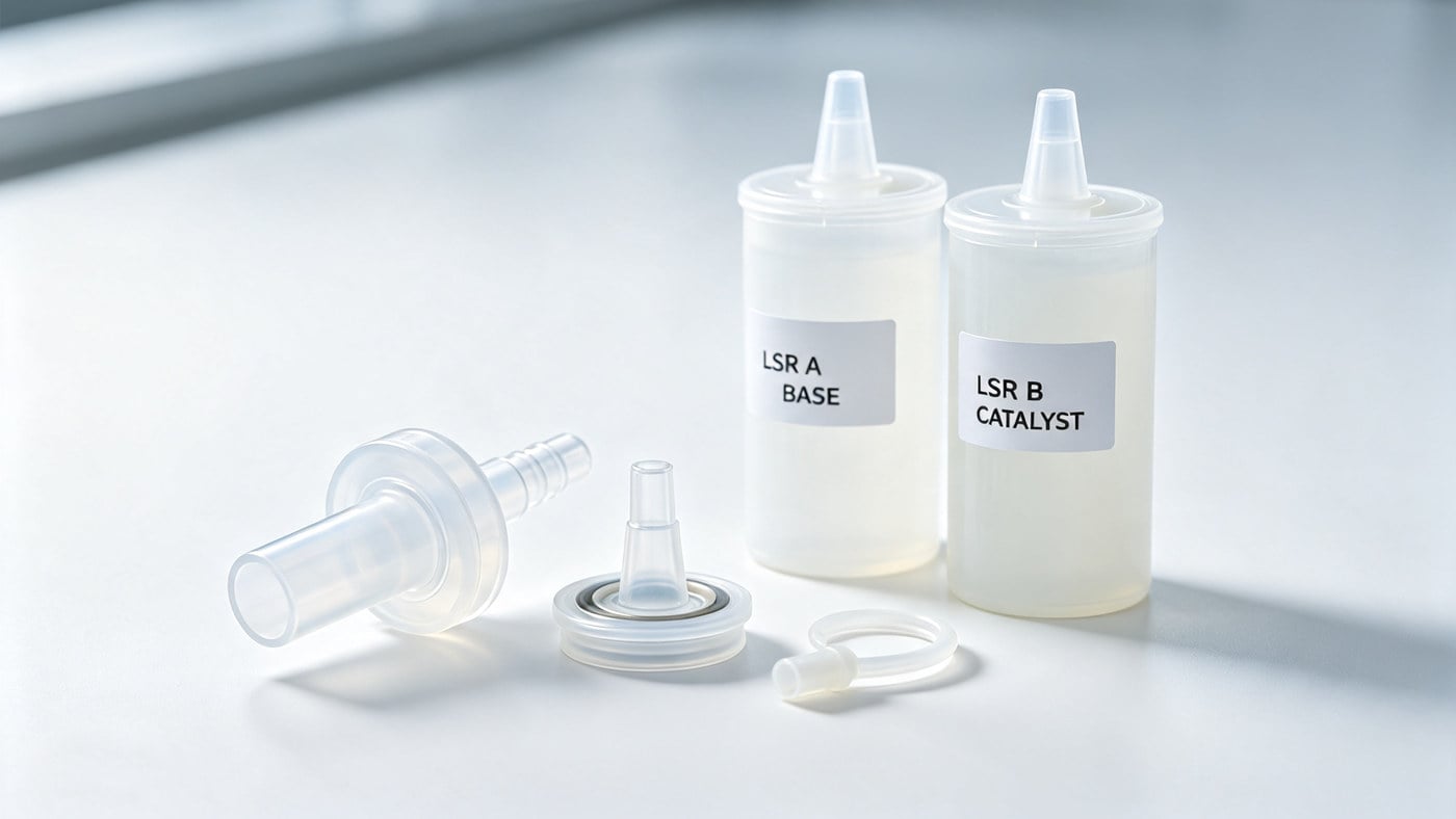 Liquid Silicone Rubber (LSR) injection molded medical components and raw material barrels.
