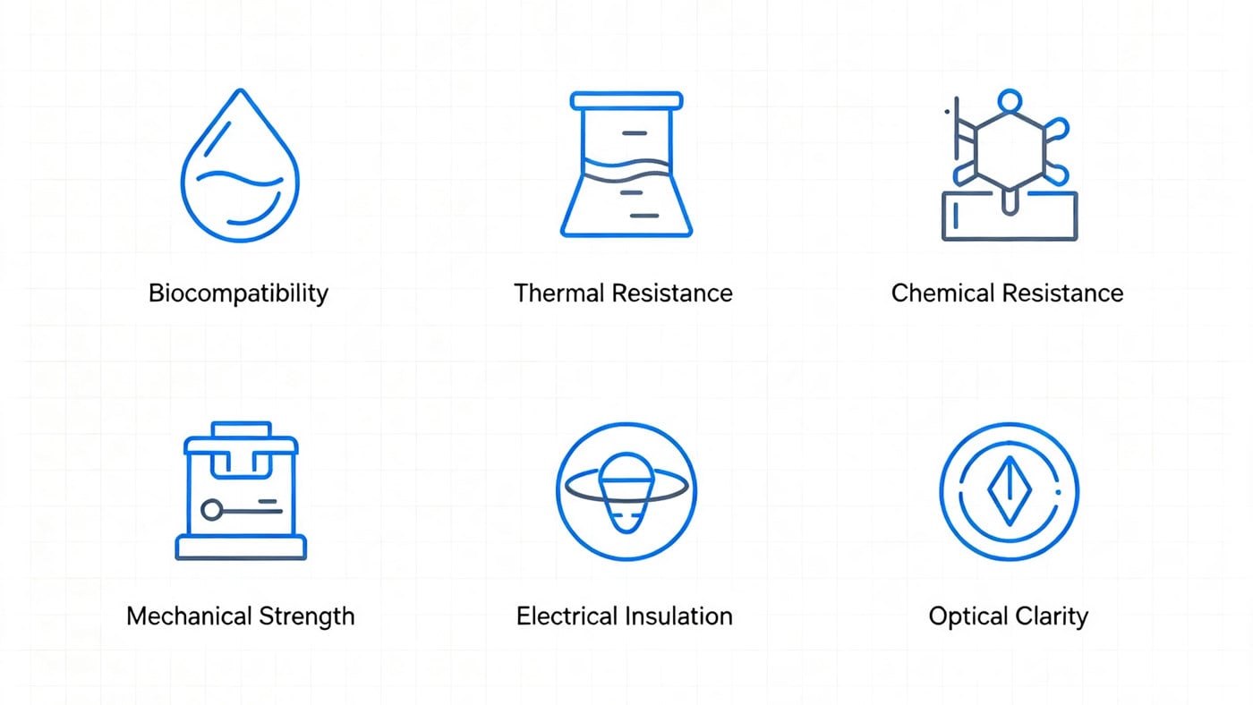 Infographic showing the key properties of Liquid Silicone Rubber including biocompatibility and thermal resistance.