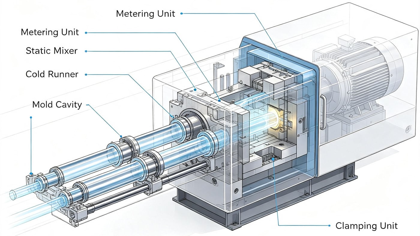 Technical diagram of Liquid Silicone Rubber injection molding equipment and cold runner system.