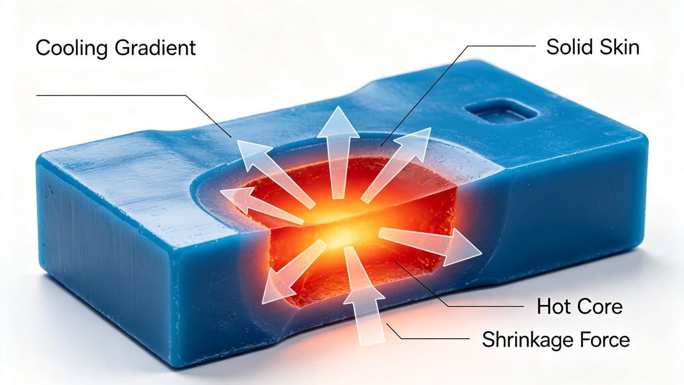 Cross-section diagram showing differential cooling and shrinkage forces causing sink marks. Cross-section diagram showing differential cooling and shrinkage forces causing sink marks.