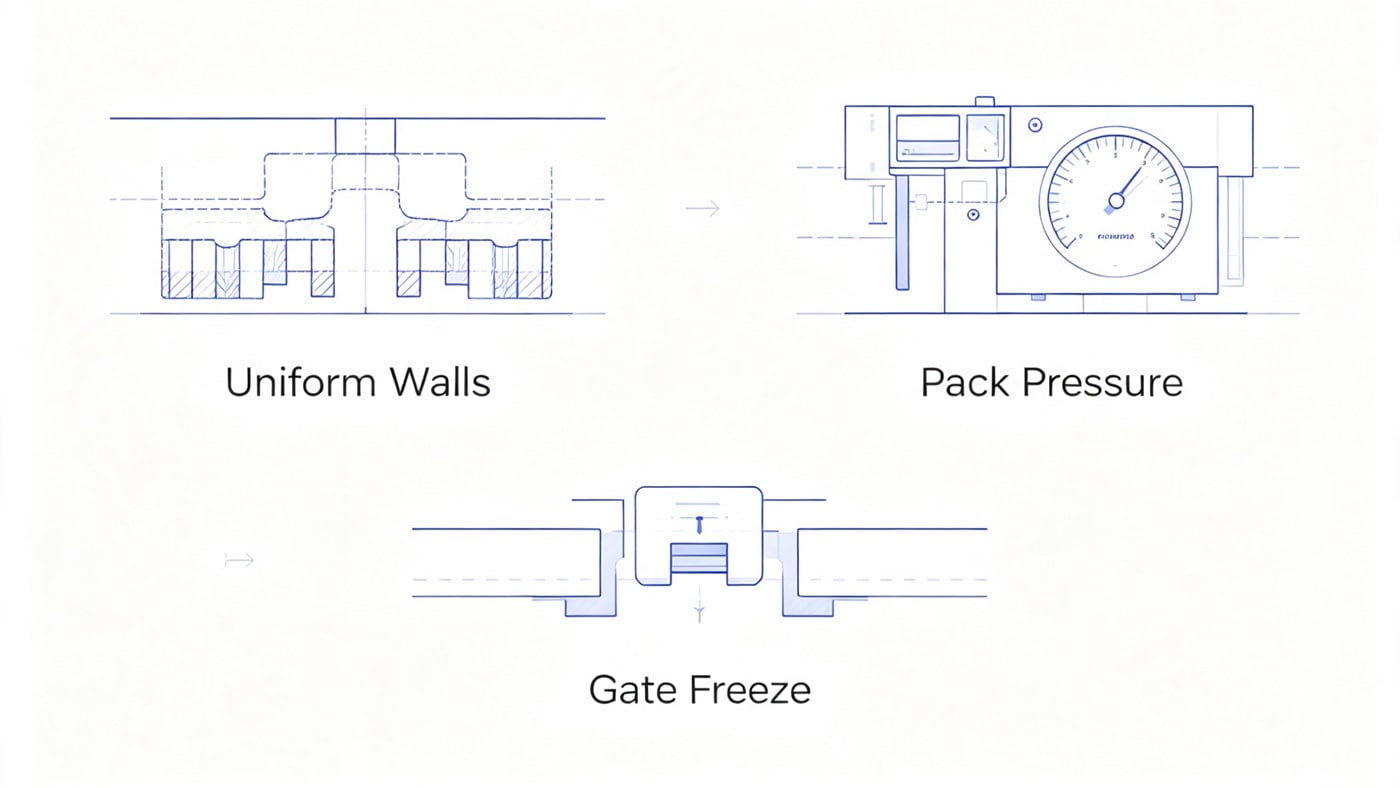 Infographic checklist for fixing injection molding sink marks. Infographic checklist for fixing injection molding sink marks.