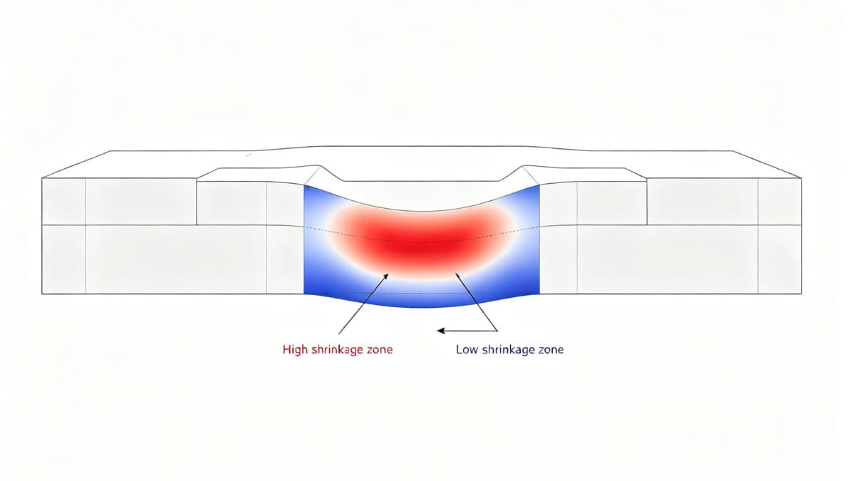 Cross-section diagram showing differential shrinkage zones and resulting warp direction in injection molded part