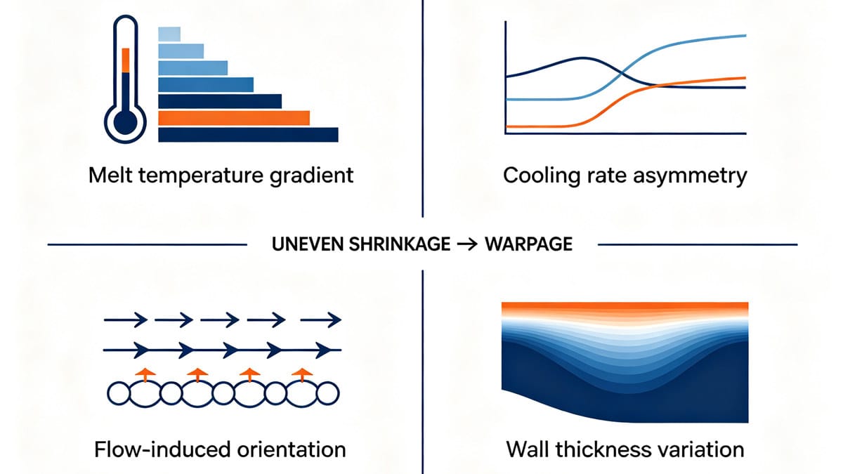 Four-quadrant infographic showing melt temperature cooling rate flow orientation and wall thickness as causes of uneven shrinkage