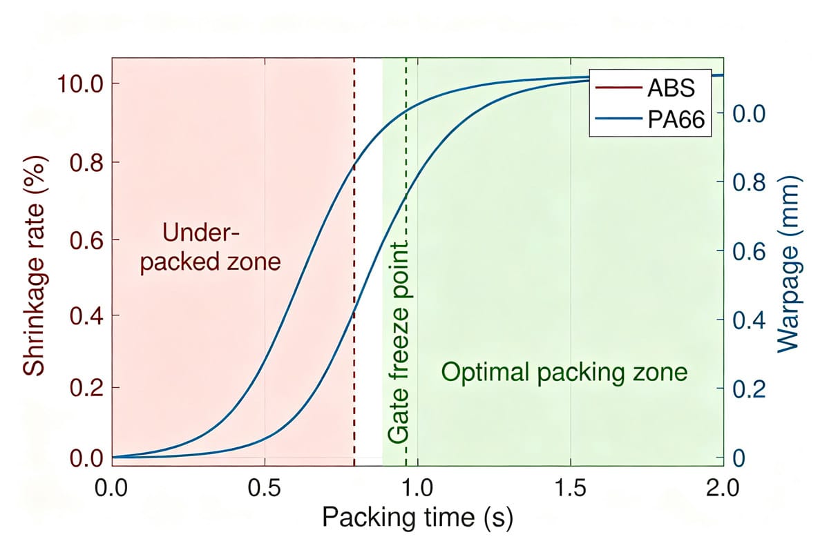 Graph showing shrinkage rate and warpage vs packing time with gate freeze point marked for ABS and PA66